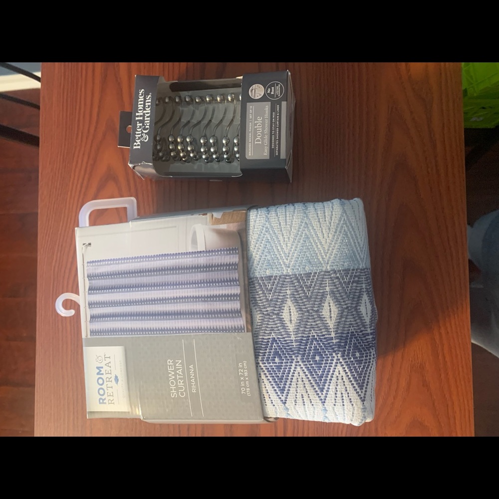NWT Fabric Shower Curtain and hooks. Beautiful blues and white. Silver hooks.